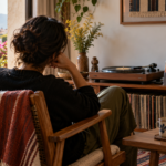 Persona escucha un disco completo junto a un tocadiscos en una habitación iluminada por la tarde.