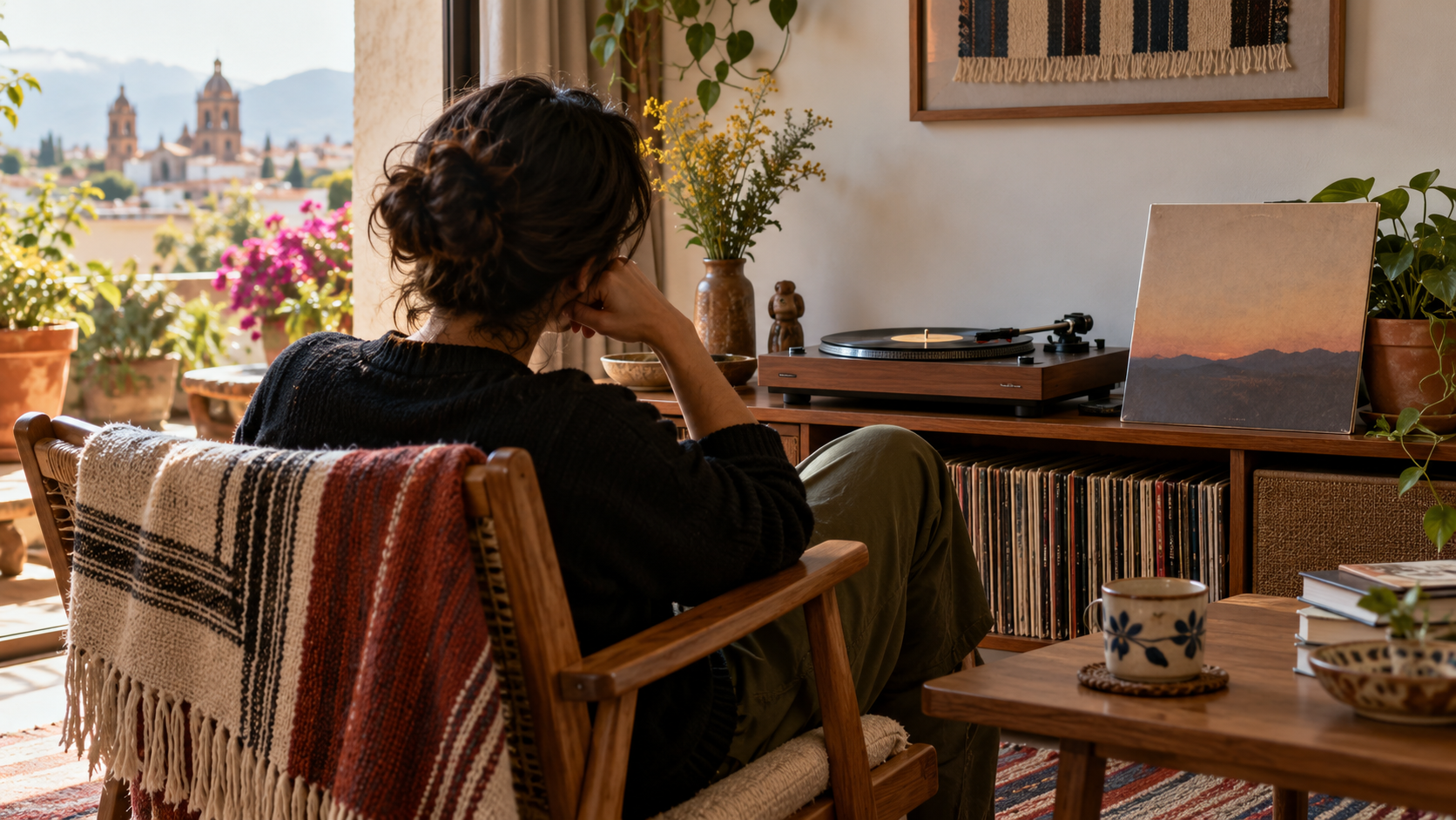 Persona escucha un disco completo junto a un tocadiscos en una habitación iluminada por la tarde.